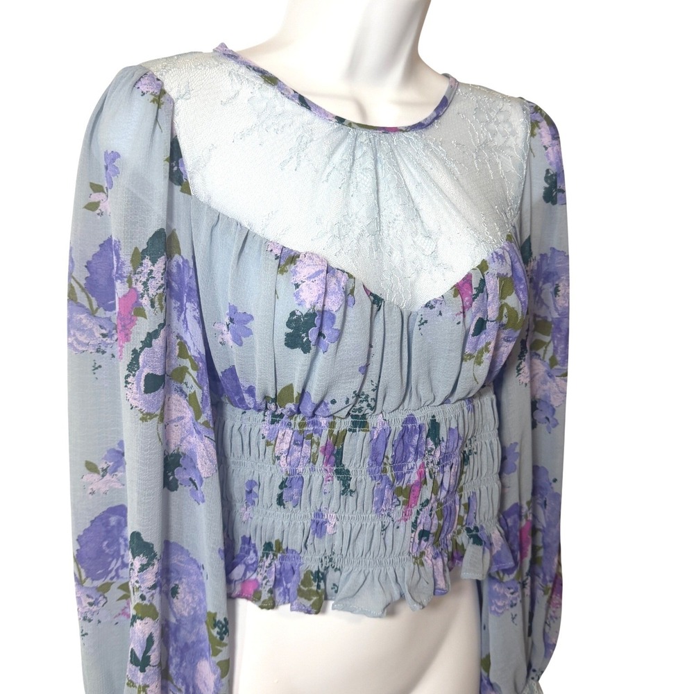 Free People Coquette Blouse NEW Womens Small Purple Floral Lace romantic smocked